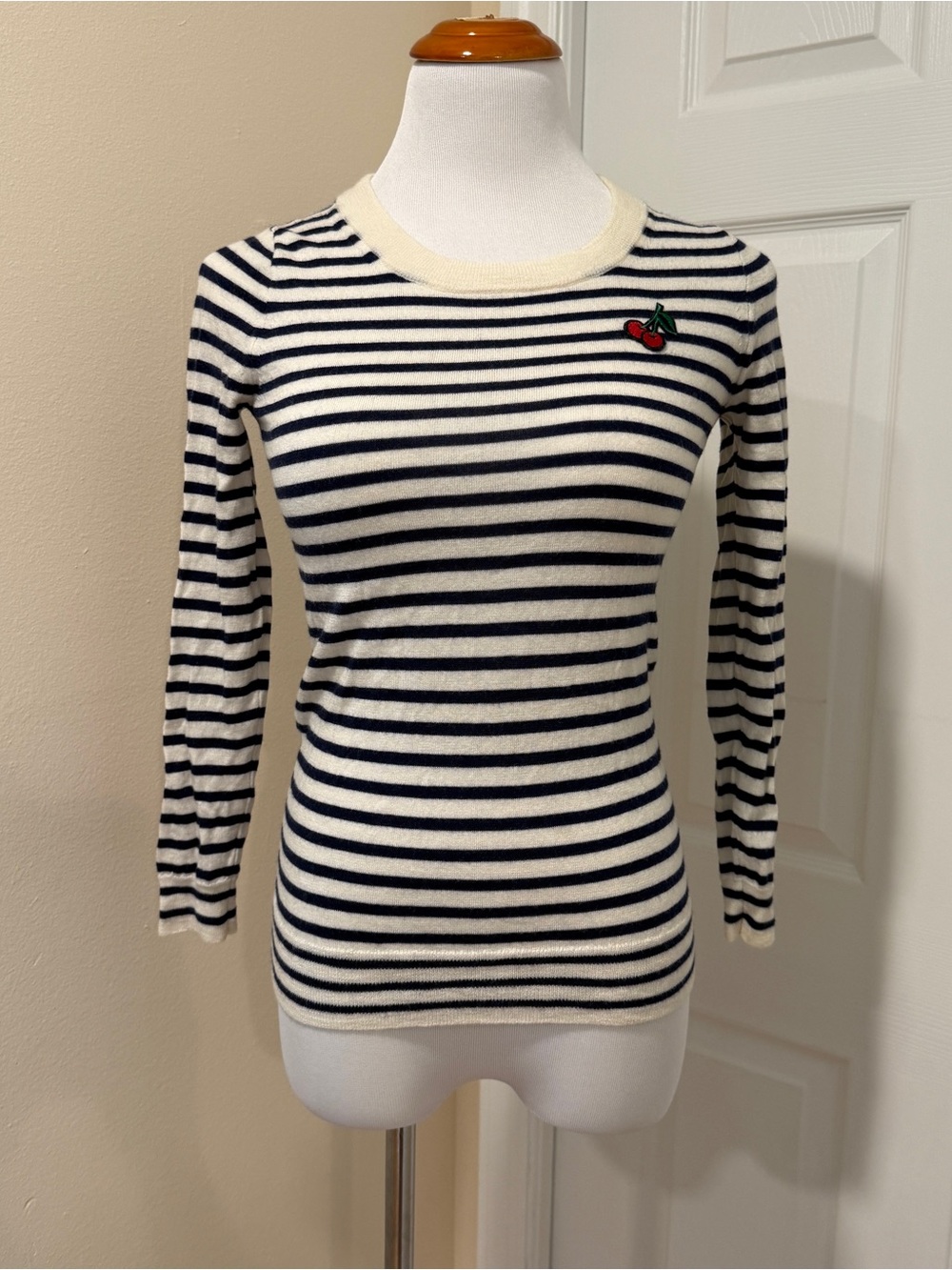 J. Crew Navy and White Striped Long-Sleeve Top with Cherry Patch